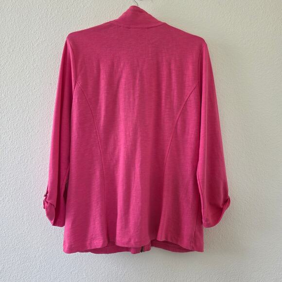 Chicos Weekends Zip Front Jacket Pink Womens Size L Cotton Slub Funnel Neck - Picture 7 of 11